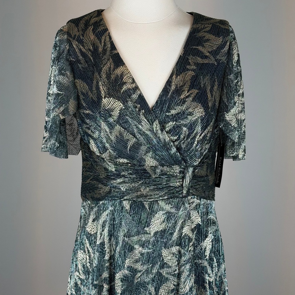 NWT R&M Richards Blue Gold Leaf Metallic Pleated Flutter Sleeve Dress Gown Sz 6 - Picture 4 of 14